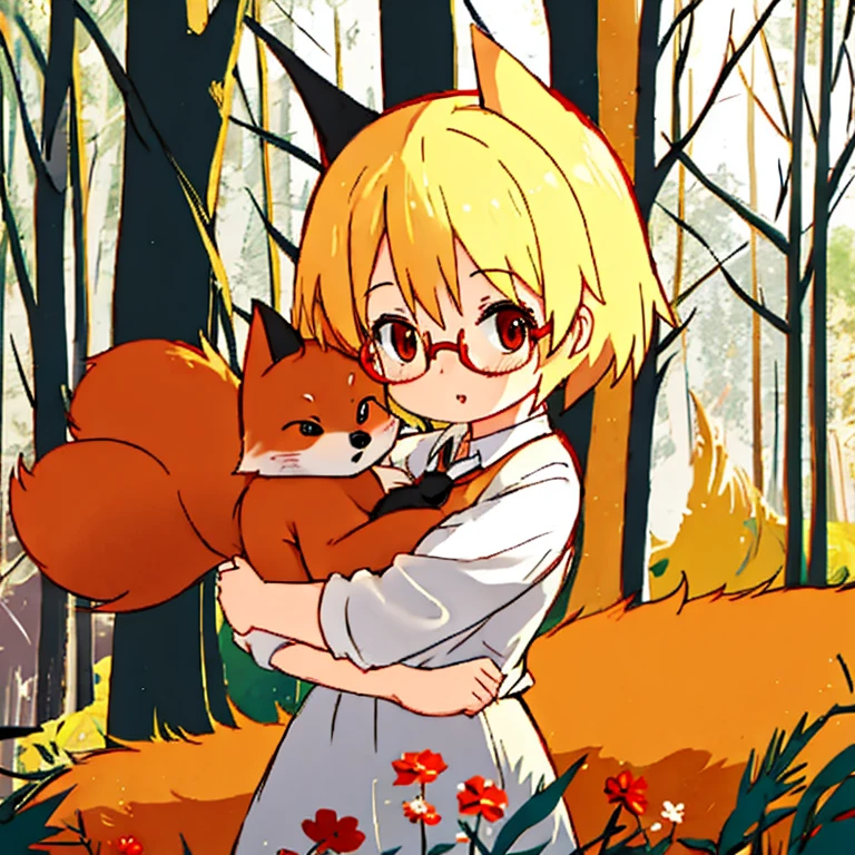 A cute short hair blonde girl wearing glasses, carrying a beautiful red fox in her arms in the woods. 