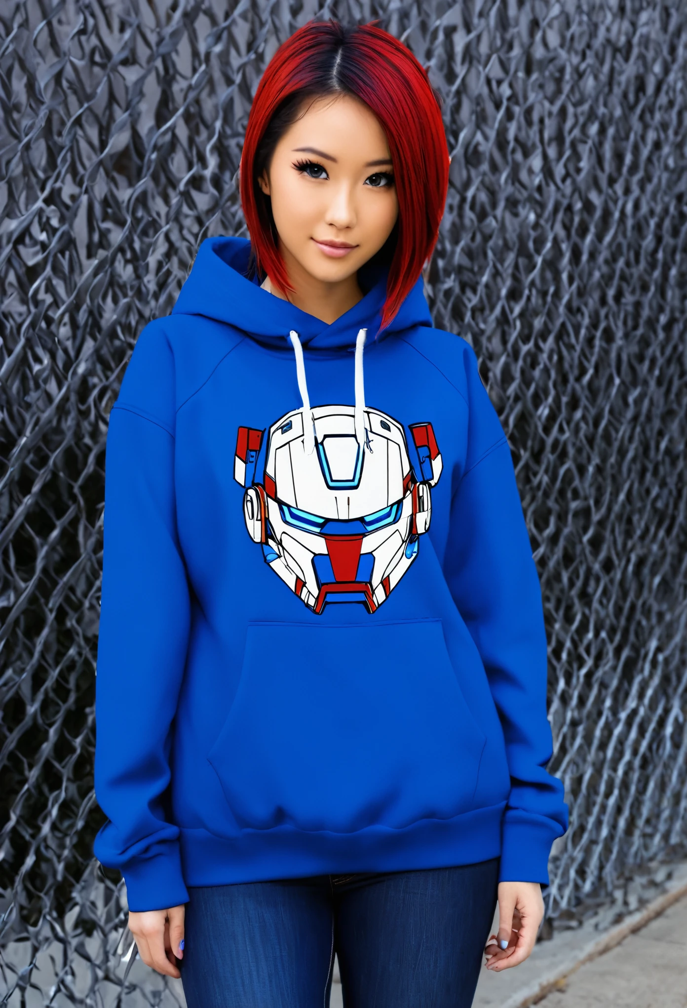 Uma de anime que usa um moletom azul claro e azul marinho e o cabelo liso curto castanho escuro e com uma mecha branca na frente ele usa um pingente vermelho e ela e morena linda e fofa