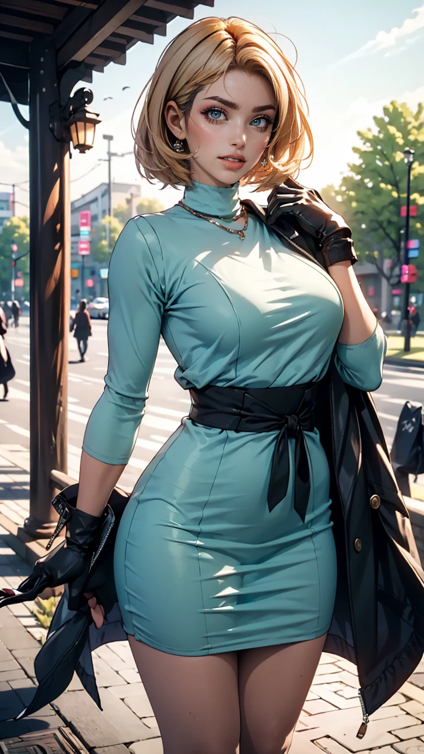 ((masterpiece,highest quality)),One girl,alone, (((Chisato Nishikigi))), short hair, Bright yellow hair, alone, dress, Detail Eye, View your viewers, Long sleeve, Are standing, white dress, gloves,hair ornaments, Black jacket, smile, Floating Hair, Dutch Angle, Mouth closed, avert your eyes, (Center Parks),Cloudy, blue sky, warm color,