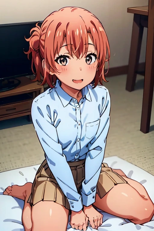 ((highest quality)), ((masterpiece)), (be familiar with), Perfect Face, indoor, Bedroom, Watching the audience,
One woman, Yuigahama Yui,
Open Mouth, Ecstatic expression, blush, smile,
Small breasts, Flat Chest, Young Girl, , , Girl,
Short Hair, Salmon-colored hair, Salmon-colored eyes, Side Pony,
Leg spread,