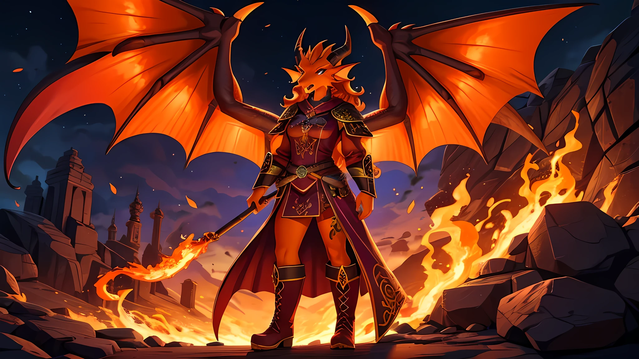 bright colors, fantasy style art, looking at viewer, facing viewer, beautiful anthropomorphic female dragon, mature and young, tall character, 5 feet 11 inches tall, dragon body, dragon head, dragon snout, dragon eyes, dragon skin, glowing teal eyes, orange skin, long wavy bright orange hair, shapely body, skinny body, healthy body, orange scaly dragon skin, highly detailed scales, covered in orange scales, purple and red warrior outfit, ornate red clothes, fancy purple patterns and symbols, 2 red dress coattails hanging down her sides, high brown leather boots, long draping red sleeves, 2 large orange dragon wings, wings on both sides, orange dragon horns, fiery background, standing in the fire, angry look, breathing fire, fire coming out of her mouth, blasting fire with her mouth, open mouth, high quality digital art, 2k, professional illustration, dramatic lighting, cinematic composition, highly detailed