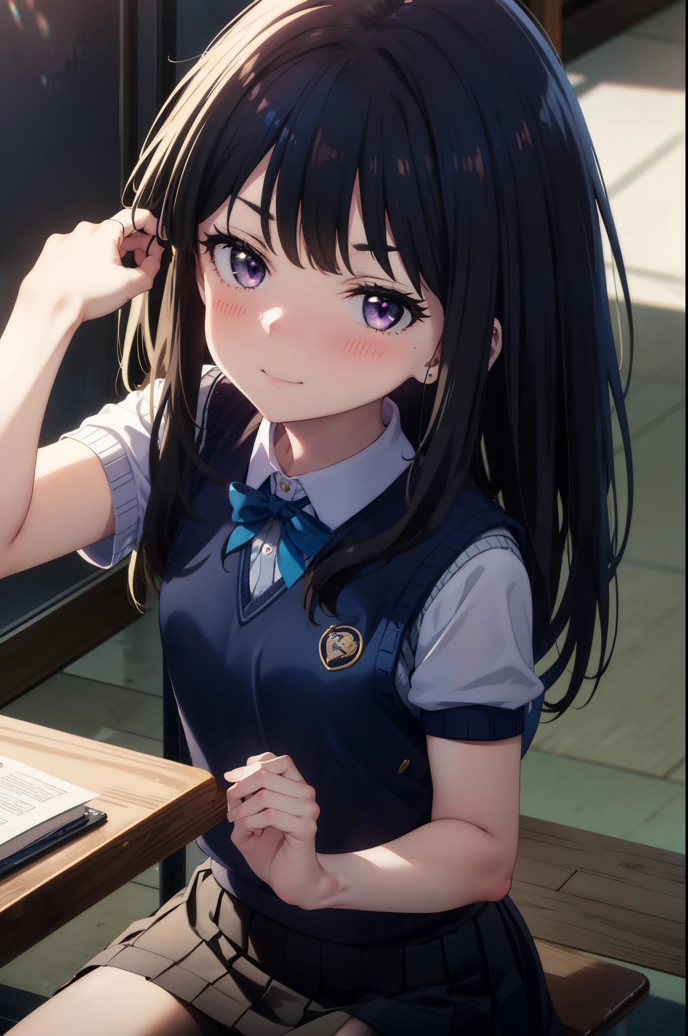 Takiuchi, Inoue Check, Long Hair, bangs, Black Hair, (Purple eyes:1.2),smile,blush,full body,
white yシャツ, Short sleeve, Pleated skirt, Collared shirt, mini skirt, Black pantyhose, (Black Skirt:1.5), Sweater vest, (blue Sweater vest:1.5),Brown Loafers,Daytime,sunny,sitting cross-legged on a chair,whole bodyがイラストに入るように, break looking at viewer whole body,
break indoors, School classroom,
break (masterpiece:1.2), highest quality, High resolution, unity 8k wallpaper, (shape:0.8), (Beautiful details:1.6), Highly detailed face, Perfect lighting, Extremely detailed CG, (Perfect hands, Perfect Anatomy),
