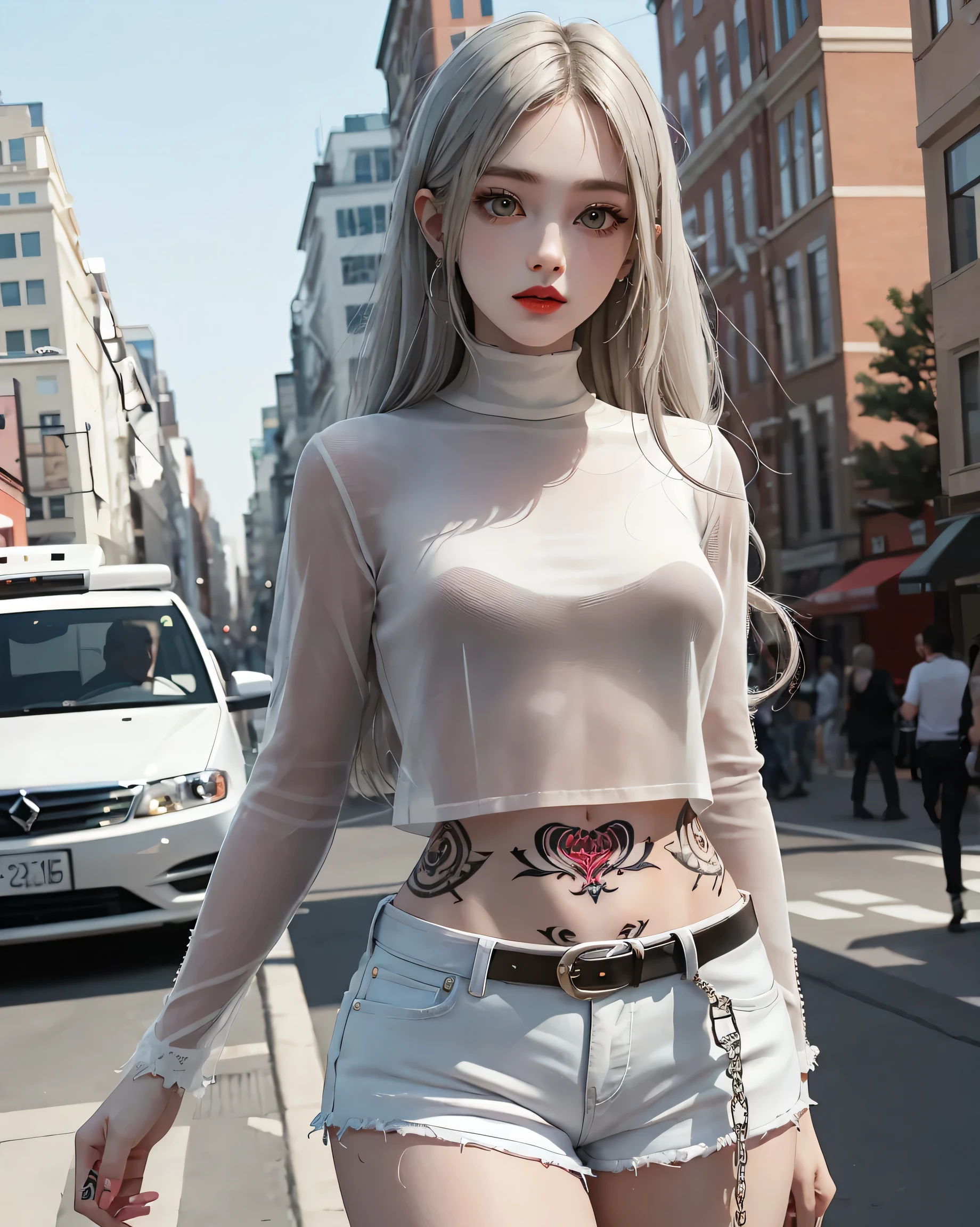 Beautiful female college student in the city,masterpiece,light makeup,Red Lip,Silver Hair,Disheveled long hair,Street Background,Grace,grace。Ultra-fine detailasterpieces,Authentic texture,Realism in film lighting,Perfect piece,8k,KHD,Delicate facial features,White skinny turtleneck top,white skinny shorts,Slim figure,Big bright eyes,Smooth skin,ear discharge,Choker Necklace,(((He has many tattoos all over his body)), (((Tight waist))), ((Big Breasts)),(See-through),panties