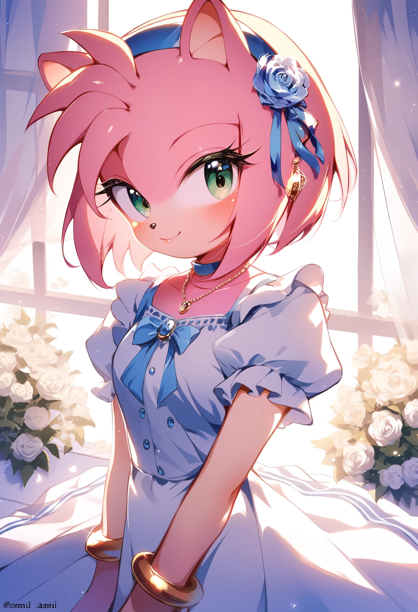 score_9, score_8_up, score_7_up,  rating_safe, score_9, score_8_up, 1girl, Amy rose, by Akami Mirai, solo, dress, pink skin, looking at viewer, bedroom,  