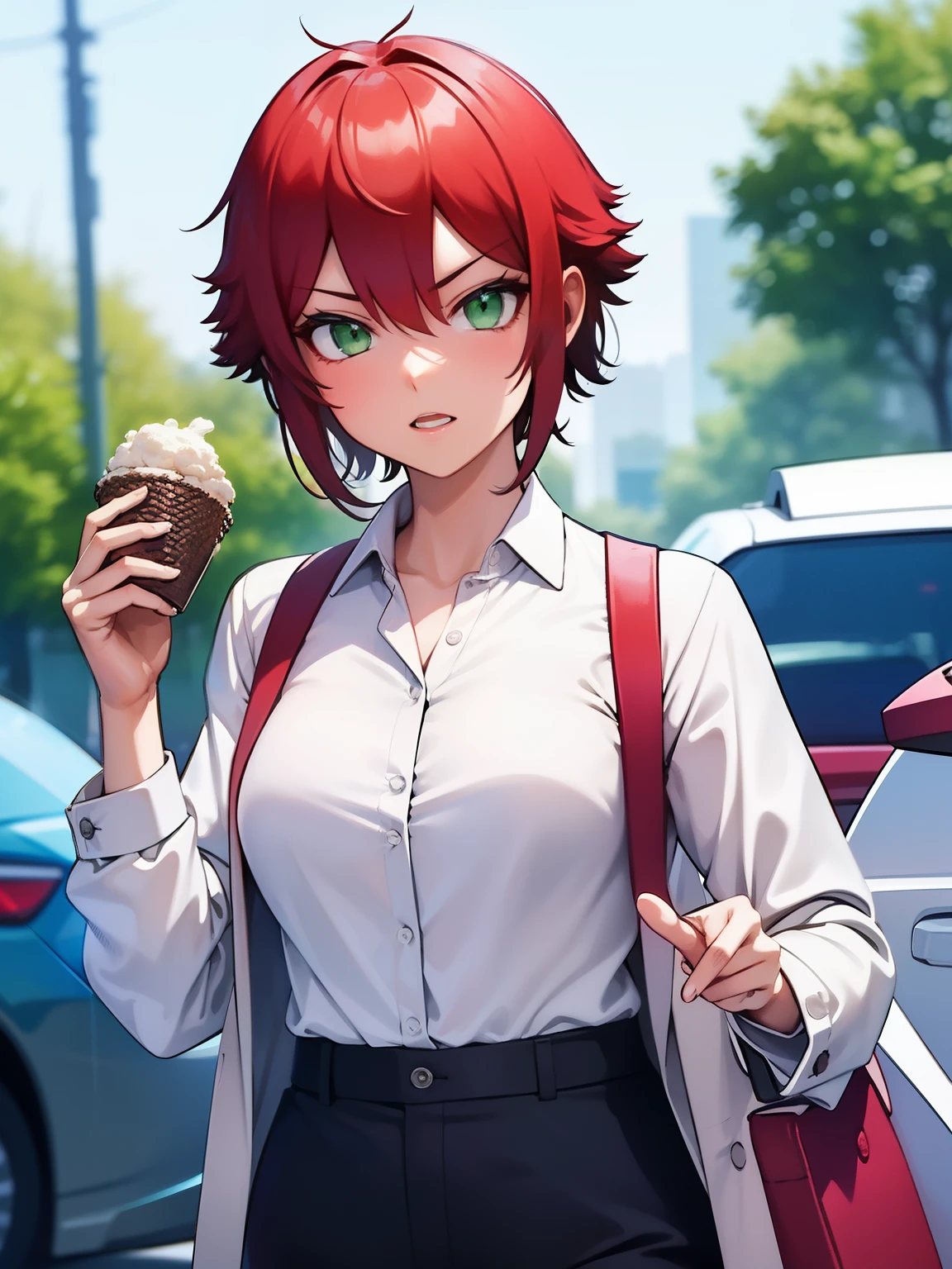 8k, best quality, masterpiece, ultra-detailed,1girl,solo, green eyes,Holding food,short hair, eyes,red hair,white shirt,white shirt,Long-sleeved shirt,black trousers,ultra detail, ultra HD