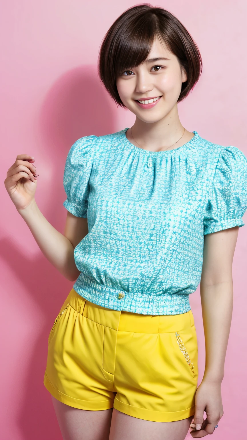225 Short Hair, 20-year-old woman, A kind smile, (Brightly colored short-sleeved clothing)