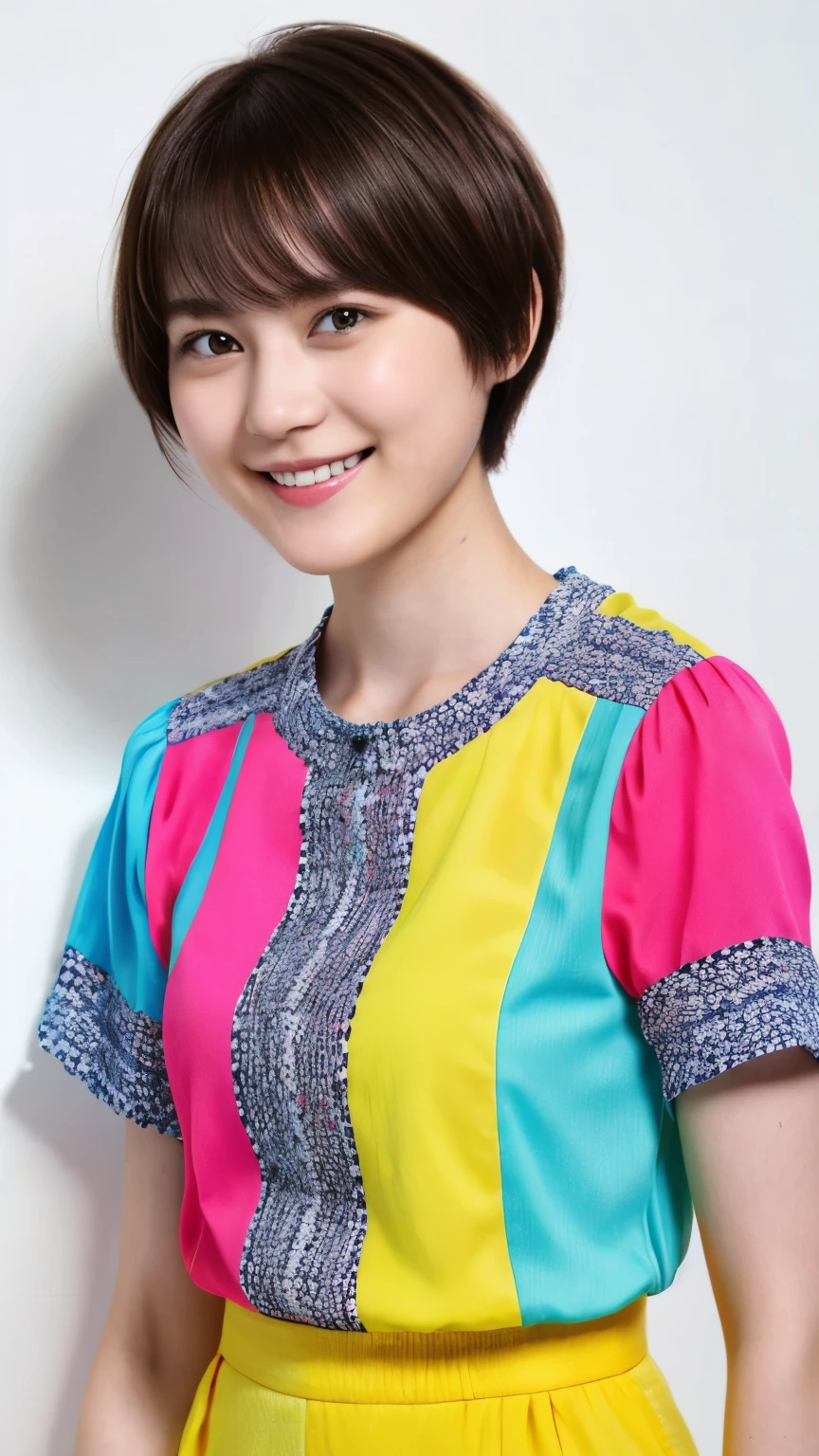 225 Short Hair, 20-year-old woman, A kind smile, (Brightly colored short-sleeved clothing)