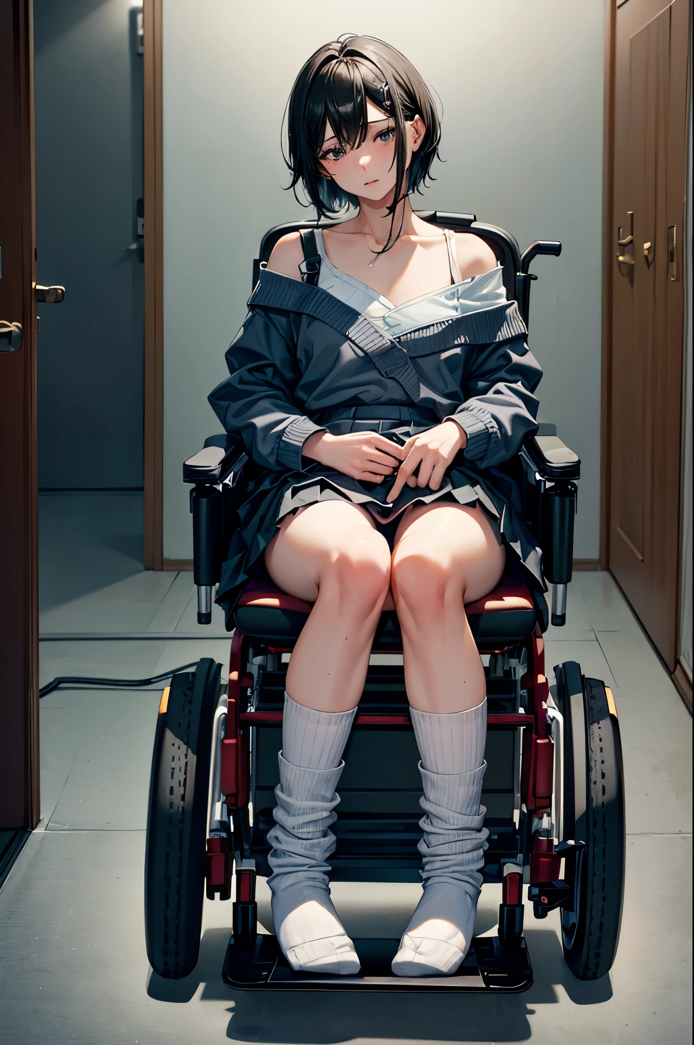 (Super detailed, realistic), hospital scene, [Moderately:Oil], [Professional:1.1], [Physically based rendering], [bright colors], [sharp focus], [studio lighting], [extreme details], [highest quality,4k,8K,High resolution,masterpiece:1.2],(detailed face),inside the house,inside the room,((One 18-year-old boy,femboy,trap)),(short black hair),(dark), [nervous eyes],(casual ladies fashion,off shoulder,skirt,socks,),((ride in an electric wheelchair)),((operate a power wheelchair))