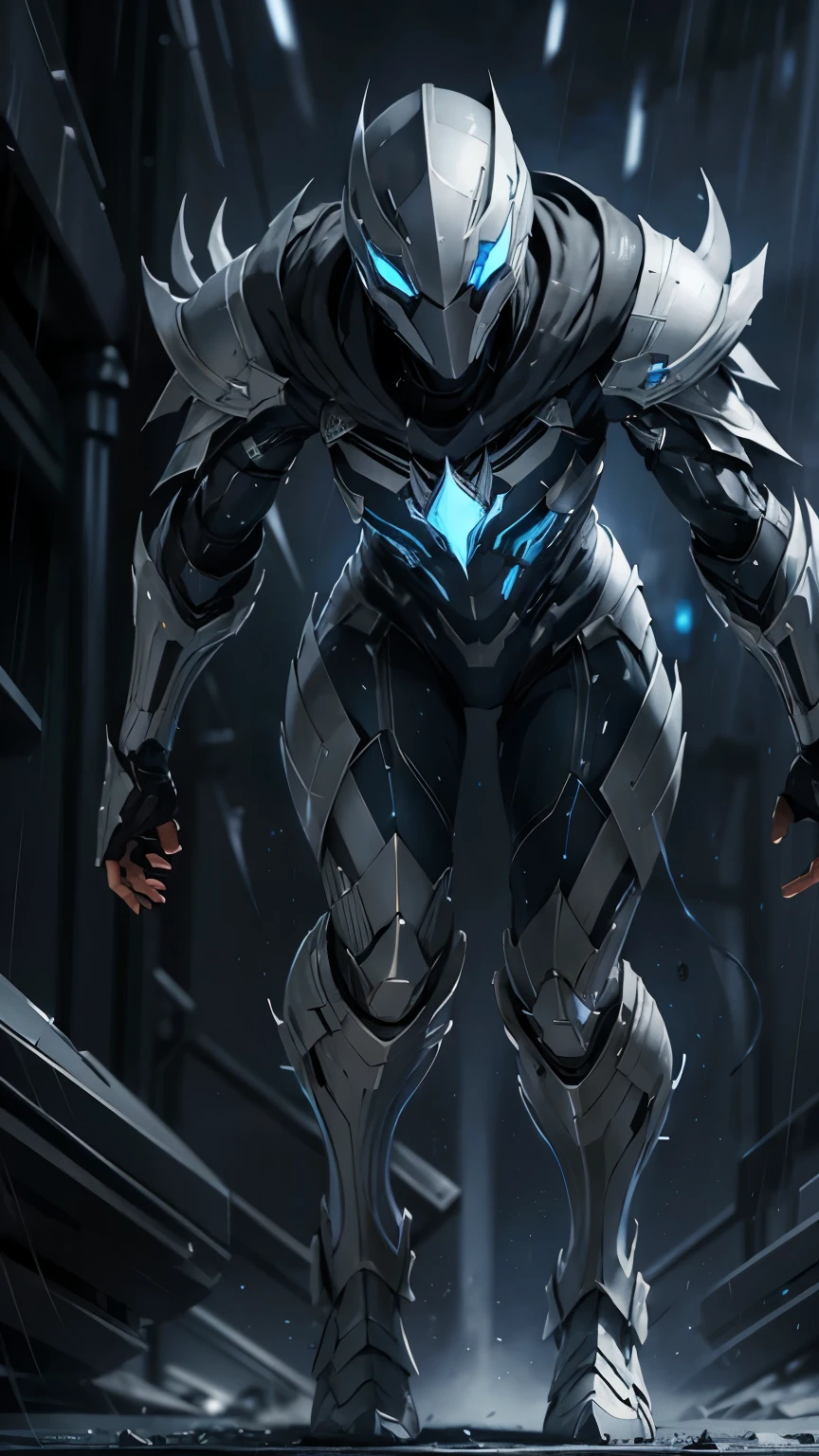 Advance armored girl, grey hood and cape, background dark space battlefield, heavy rain, Black short hair, white glowing beautiful eyes, (full body shot), blue glowing lined simple armor plate, dark environment, high detailed face, Advance mask, intense war,