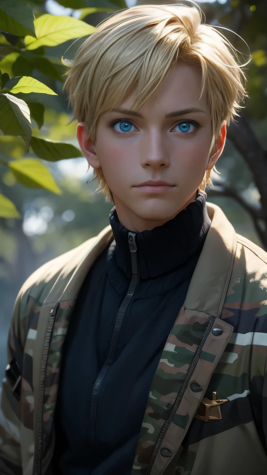 masterpiece, best quality, , 1boy, solo, male focus, looking at viewer, upper body, depth of field, anime coloring, realistic, blonde hair, aqua Blue eyes, camo Millitary Clothes,