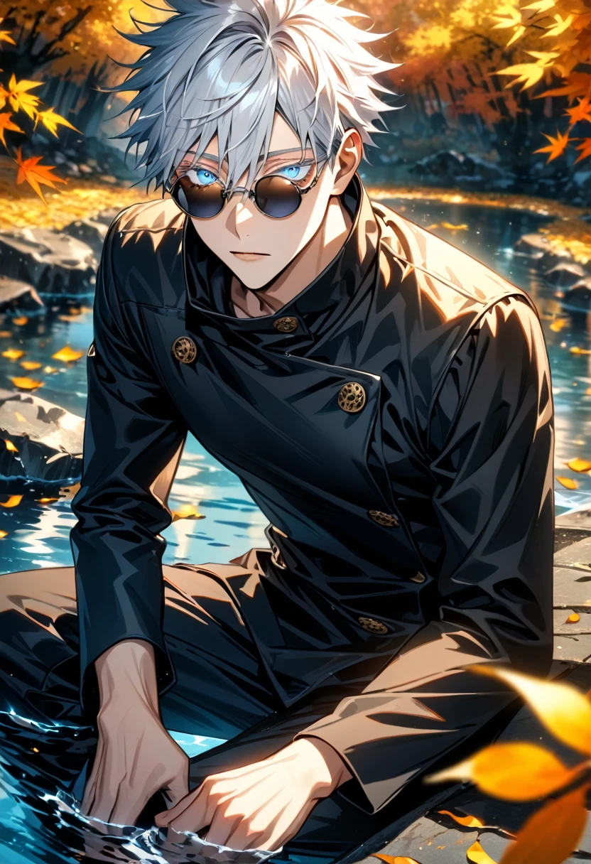 Ultra detailed, highres, absurdres, HDR, Gojo Satoru, white hair short with bangs, hair between the eyes, expressive blue eyes, white eyelashes, black round sunglasses, Jujutsu Kaisen, water, autumn, petals, orange and yellow leaves, sexy man, solo, extremely handsome, very detailed face and eyes, black shirt, black long coat, sitting, toned chest,