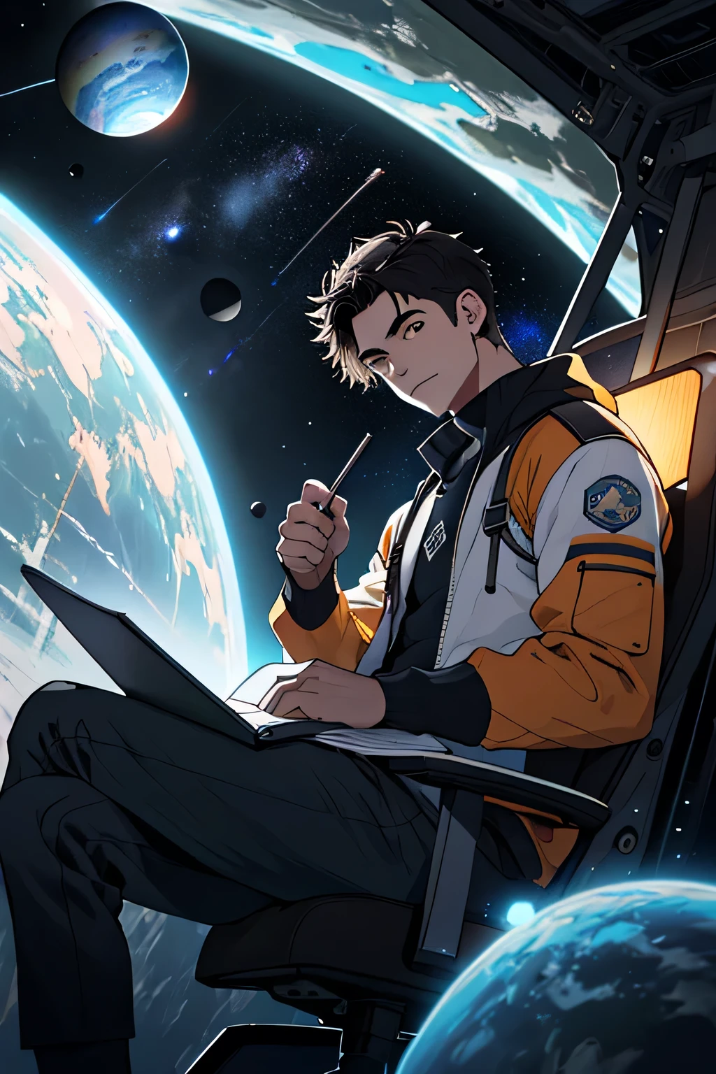 Dibuja un joven programador., sitting on a research platform floating in the middle of an asteroid belt. He is studying with a notebook., rodeado por varios asteroides que brillan con auras de fuego. Spectacular illumination of distant stars and planets illuminates the scene., proyectando sombras profundas sobre el traje. El joven parece confiado y decidido., mirando el vasto y misterioso universo con asombro y respeto,vello facial, tiro de vaquero,