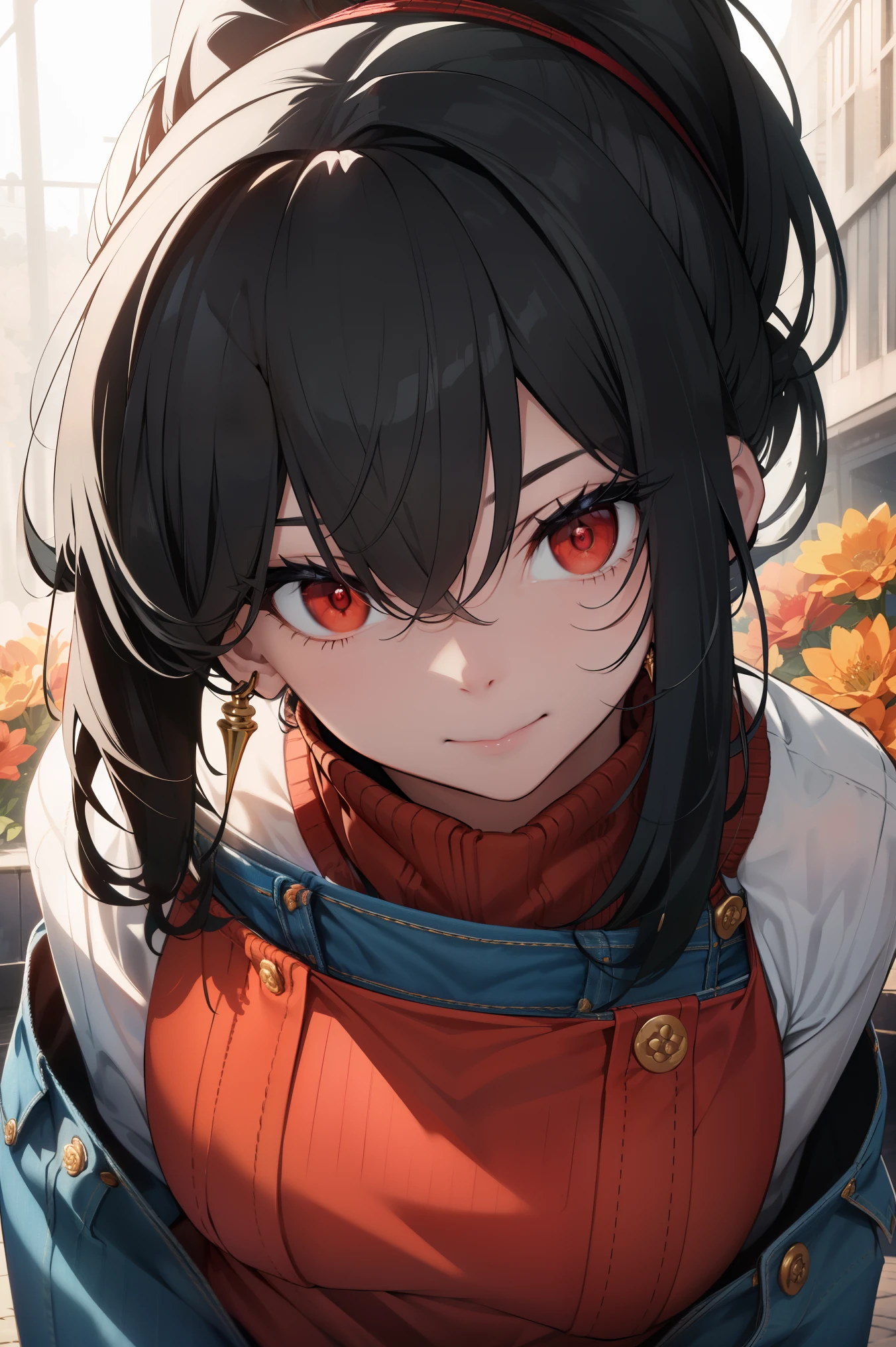 Ajof, side locks, golden hairband, hair adornments, ((Red eyes:1.5)), gold earring, Large breasts,((black hair:1.5)),
BREAK ((apron, denim, jeans, long hair, pants, ponytail, ribbed sweater, sweater, turtleneck:1.5)),
BREAK standing, pale skin, (glowing_eyes, luminescent eyes), ((centered)), smile, ((wide shot)), (((vibrant background of outside, flowers, bright lighting, summer, sunlight))), flat chested, looking at viewer, ((head:1, hips, elbows, arms, in view)), ((hands behind back:0.7)), beautiful lighting, defined subject, (18 years old), ((cool looking)), ((glare)),
BREAK (masterpiece:1.2), best quality, high resolution, unity 8k wallpaper, (illustration:0.8), (beautiful detailed eyes:1.6), extremely detailed face, perfect lighting, extremely detailed CG, (perfect hands, perfect anatomy),