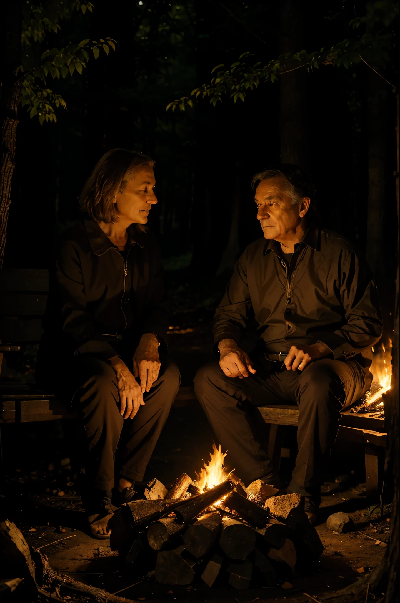 A wise elder and a curious sit by a glowing campfire in the deep forest, with the flickering light casting dancing shadows on their faces.