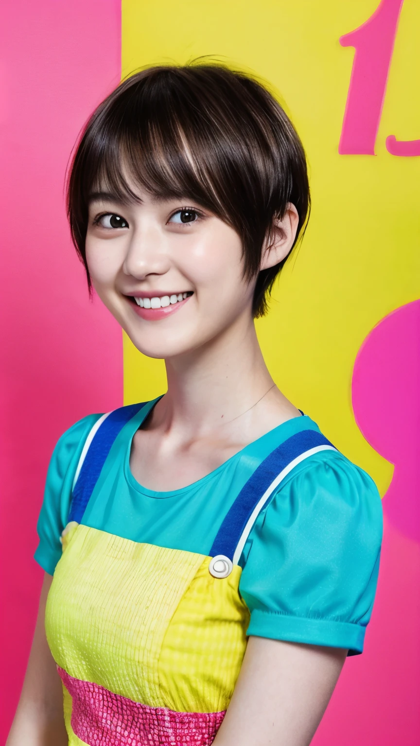 225 Short Hair, 20-year-old woman, A kind smile, (Brightly colored short-sleeved clothing)