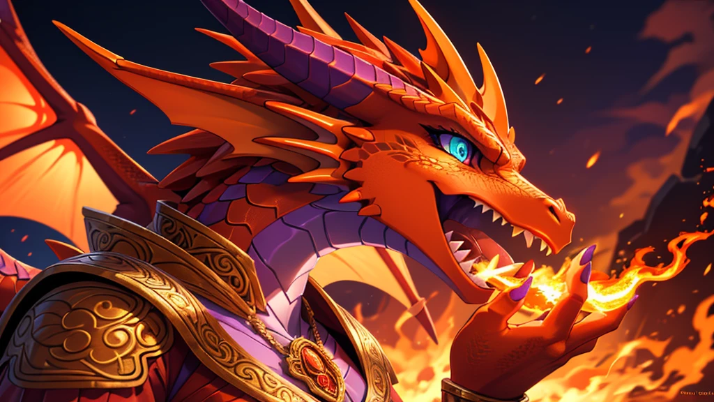 close up image, side view, bright colors, fantasy style art, beautiful anthropomorphic female dragon, mature and young, dragon body, dragon head, dragon snout, dragon eyes, dragon skin, glowing teal eyes, orange skin, long wavy bright orange hair, shapely body, orange scaly dragon skin, highly detailed scales, covered in orange scales, purple and red warrior outfit, ornate red clothes, fancy purple patterns and symbols, 2 large orange dragon wings, orange dragon horns, fiery background, angry look, breathing fire, fire breathing, fire coming out of her mouth, blasting fire with her mouth, open mouth, high quality digital art, 2k, professional illustration, dramatic lighting, cinematic composition, highly detailed