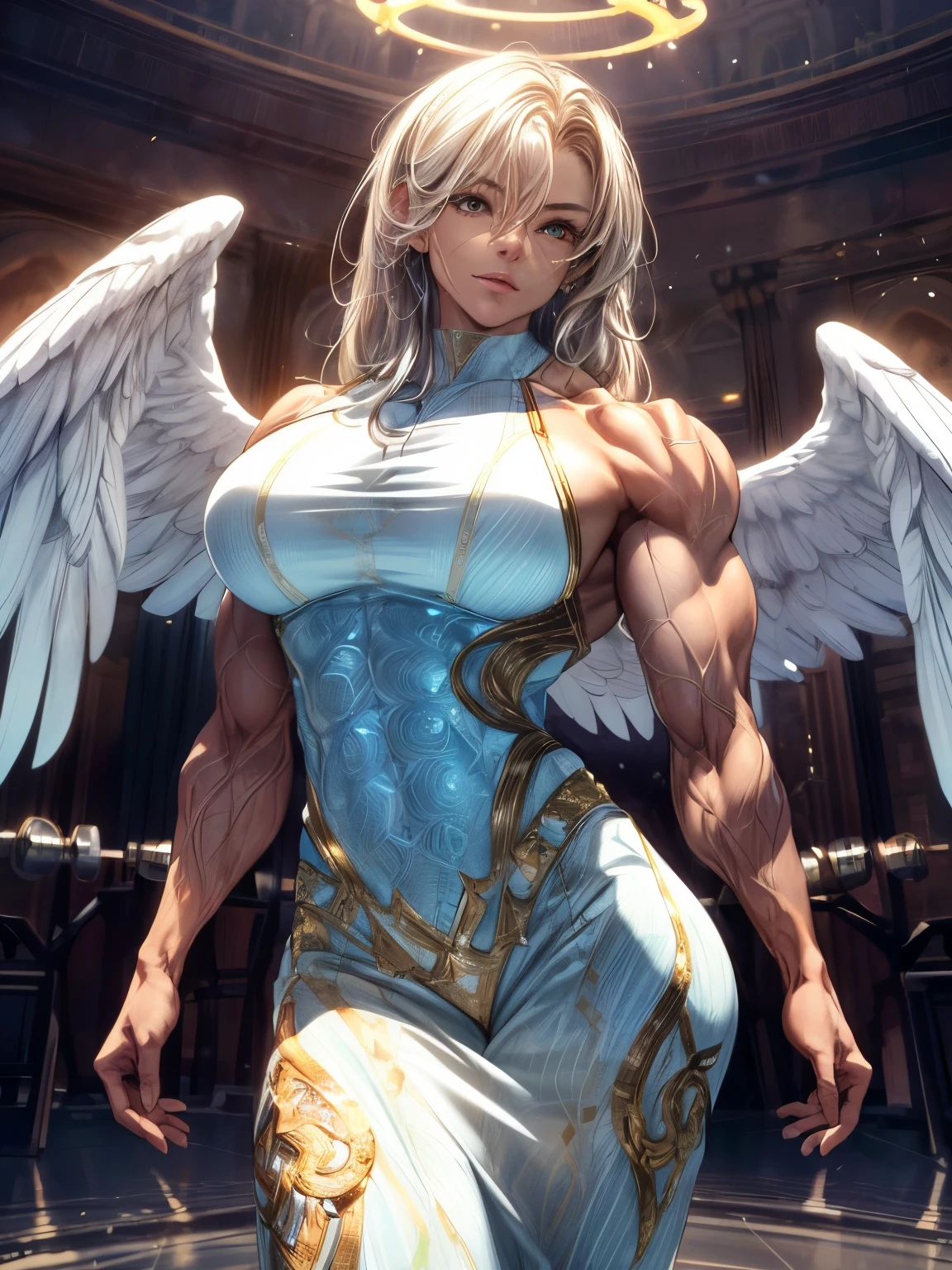(cara delevingne:1.25), (:1.25),beautiful holy guardian angel, (perfect muscular anatomy:1.25), (large halo:1.25), angel tech holy armor, an holy blue glow emanating from her, (huge angelic wings:1.25), white Eyes, muscular breasrfect hands:1.25), gracious, protective, divine, Context of the divine Church, (8k, RAW photo, photorealistic:1.25),