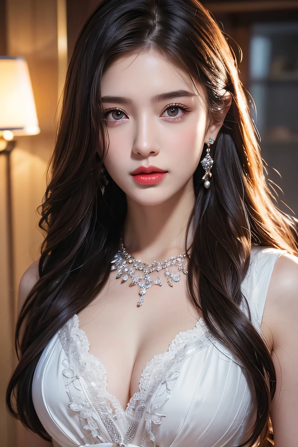 High-quality work,Realistic works,Super premium graphics,8K HD CG works,high quality graphics,High-definition and exquisite CG works,10x pixels,Ultra-fine details:1.1,Advanced technical details:1.1Realistic photo effects,Interior lighting effects:1.5,natural soft light:1.5. Light effect(Virtual light effects:1.8),ultra high resolution,shining dress,sliver long hair,silber hair,transparenthair,high detailed hair(Quality hair details:1.1)Clear eyes,Double eyelids look good,Sharp eye makeup, Create exquisite eyelash makeup, tthin eyebrows, Ultra-detailed eyes,a tall nose, lovely red lips, rosey cheeks, With delicate makeup on her face , pretty face, The face shape is perfectly proportioned,(Advanced facial details:1.1)Gentle and beautiful girl, (185cm美女), (fit), Imperial sister, Queen temperament, White skin, ((Long legs)), perfect facial features, Bright Eyes, Seductive pose, Red lips, Beautiful and cold (A major breakthrough)), Beautiful and heroic, Soft and long hair, Glittering, Lace, net, Visible through clear skin, wear glasses, diamond earrings, ruby neckLace, (Purple dress), 8K Image Quality, (Realistic Portraits), Characters fill the screen, (Facial lighting), ((eternal) ,Women's artwork,Dress full body video,Realism,Amazing Cleavage,My eyes are very bright today