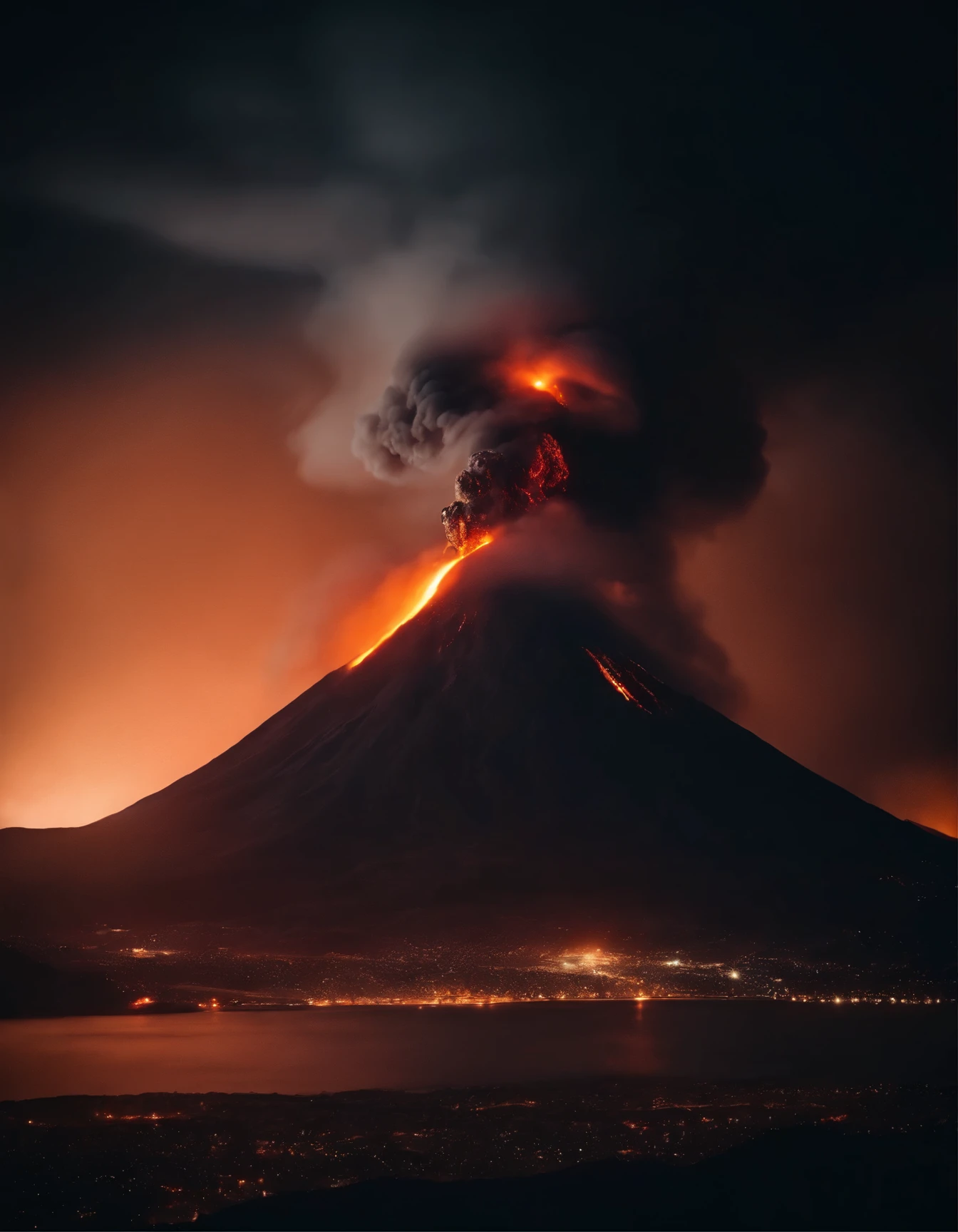 Volcanic eruption at night.