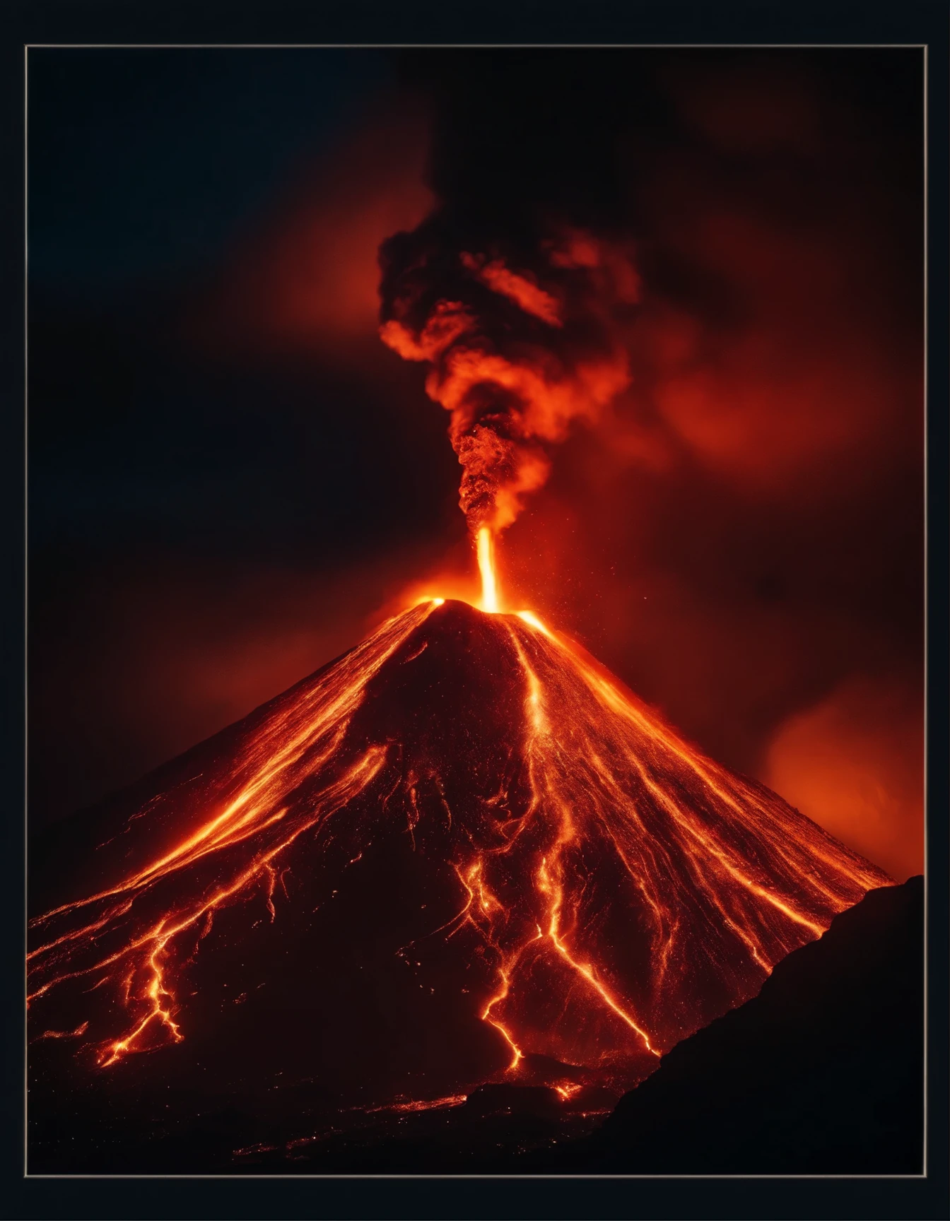 Volcanic eruption at night.