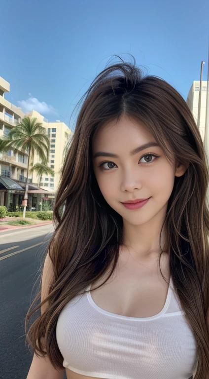 ((Realistic lighting、highest quality、8k、masterpiece:1.3))、Clear focus:1.2、One Girl、Perfect body beauty:1.4、Slim Abs:1.1、whole body、((Dark brown hair、Large Breasts:1.3))、(Acceleration:1.4)、(Fresh、dawn:1.1)、View of Waikiki Beach、Palm tree、Thin face、Beautiful Eyes、double eyelid、Fashion model posing、Floating Hair、See-through tops、With a bold design、This style is designed to show off your silhouette and innerwear.，Light and cool impression，meanwhile、Adorable smile