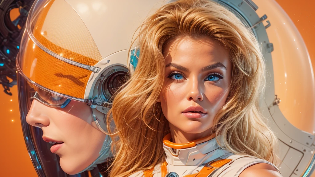 arafed image of a white woman in a futuristic suit with a spaceship in the background, movie art, in front of an orange background, inspired by Robert McGinnis, female protagonist, megastructure in the background, portrait of an ai astronaut, astronauts, an astronaut, portrait of a astronaut skeletor, perfect android girl, detailed eyes, perfectly detailed teeth, frank franzzeta and sakimichan