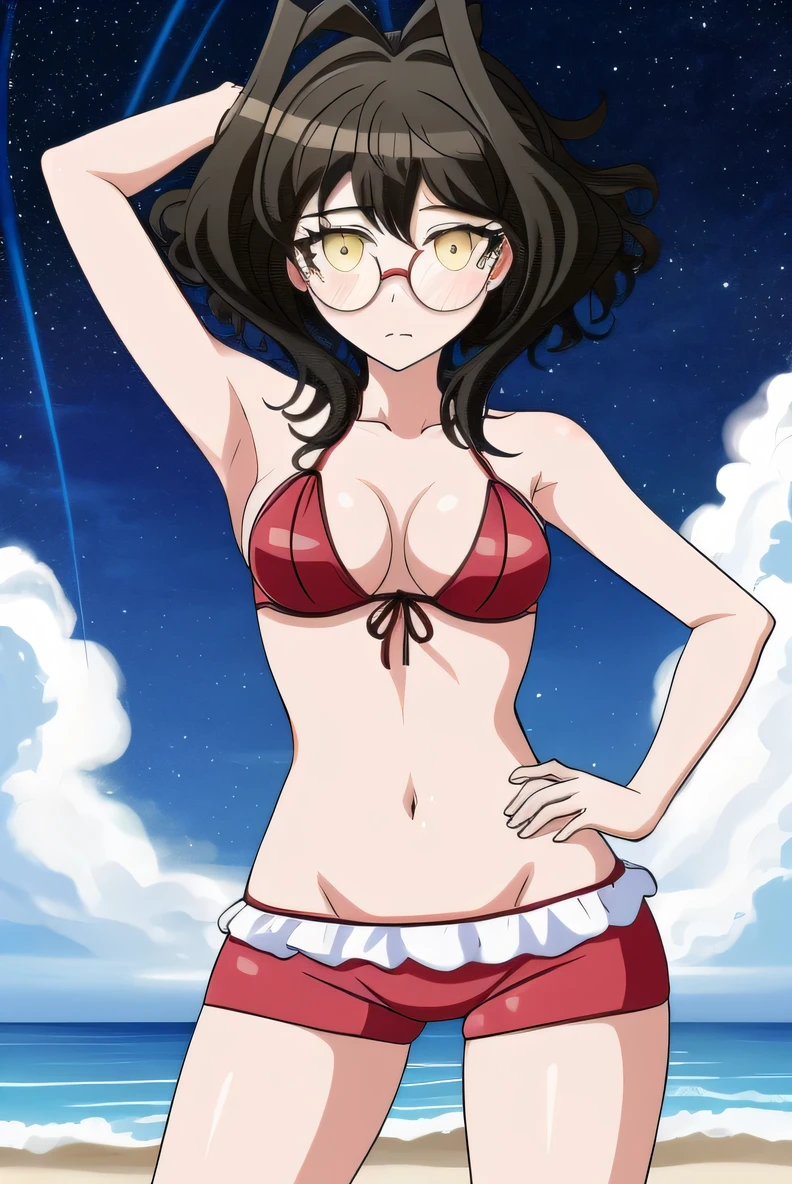 1girl, mitsume kokoro, yellow eyes, brown hair, medium hair, sidelocks, glasses, collarbone, bare shoulder, maroon bikini, black shorts, solo, upper body, night sky, beach, arms behind head, contrapposto, spread armpits, looking at viewer, best quality, closed mouth, blushing,