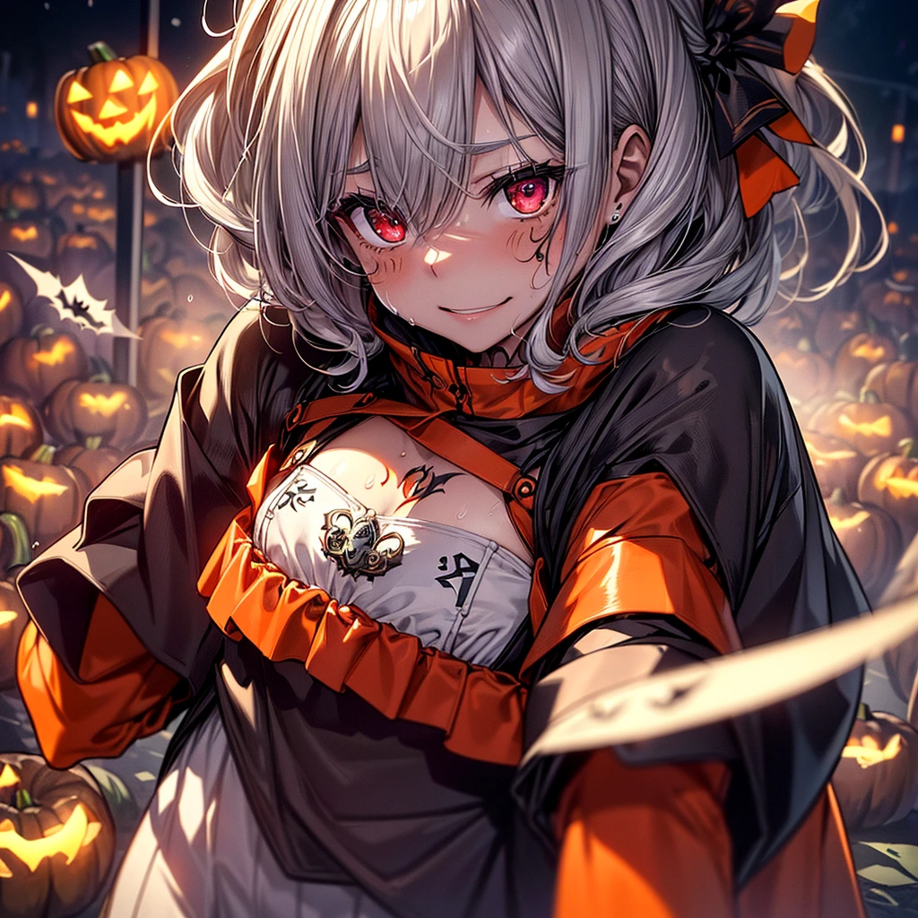 top-quality、Top image quality、in 8K,4K,masterpiece、(NSFW:1.1)、ultra-detailliert、Beautiful、ultra-quality、cute little、girl with(((18year old、Halloween Costumes:1.5、 1:3、Bust 78、silber hair、a short bob、Red Eyes、Skin shining with sweat、、erotick:1.4、Happiness、The tattoo)))、hiquality、visualart、Background with((Halloween:1.2))、masutepiece