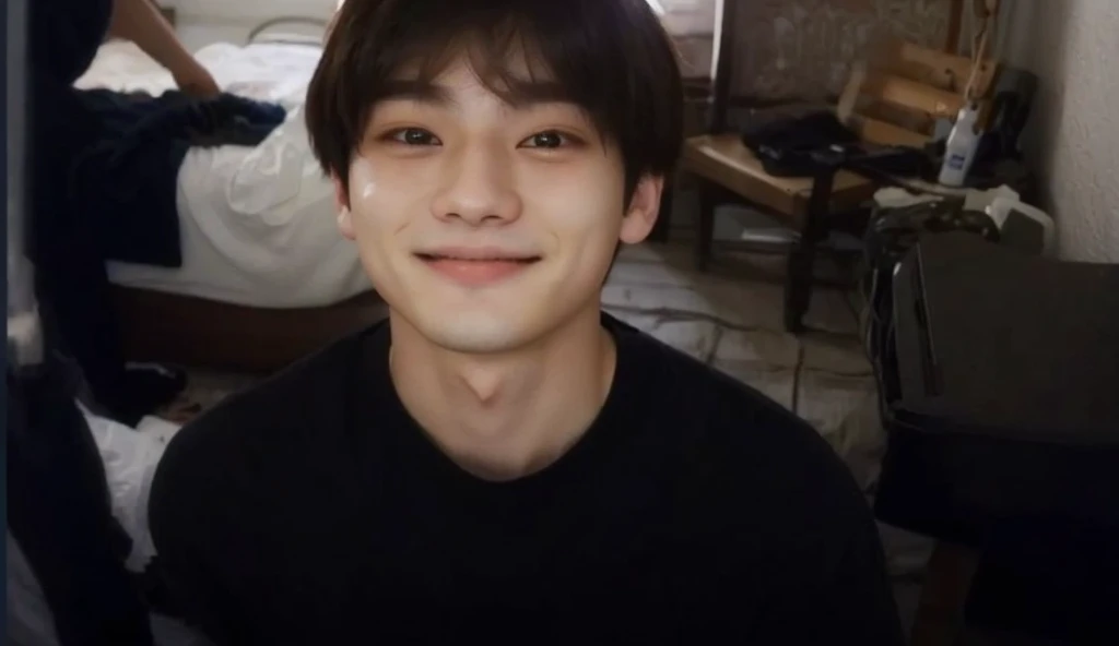There is a man who is sitting in a room with a bed, young pale angel, pale korean adorable face, jungkook, hyung tae, 1 7-year-old boy with a thin face, con cara linda - fina, muy levemente sonriendo, jinyoung shin, foto de perfil, shy smile, smiling shy, leve sonrisa linda, encantadora sonrisa astuta, granulado de baja calidad