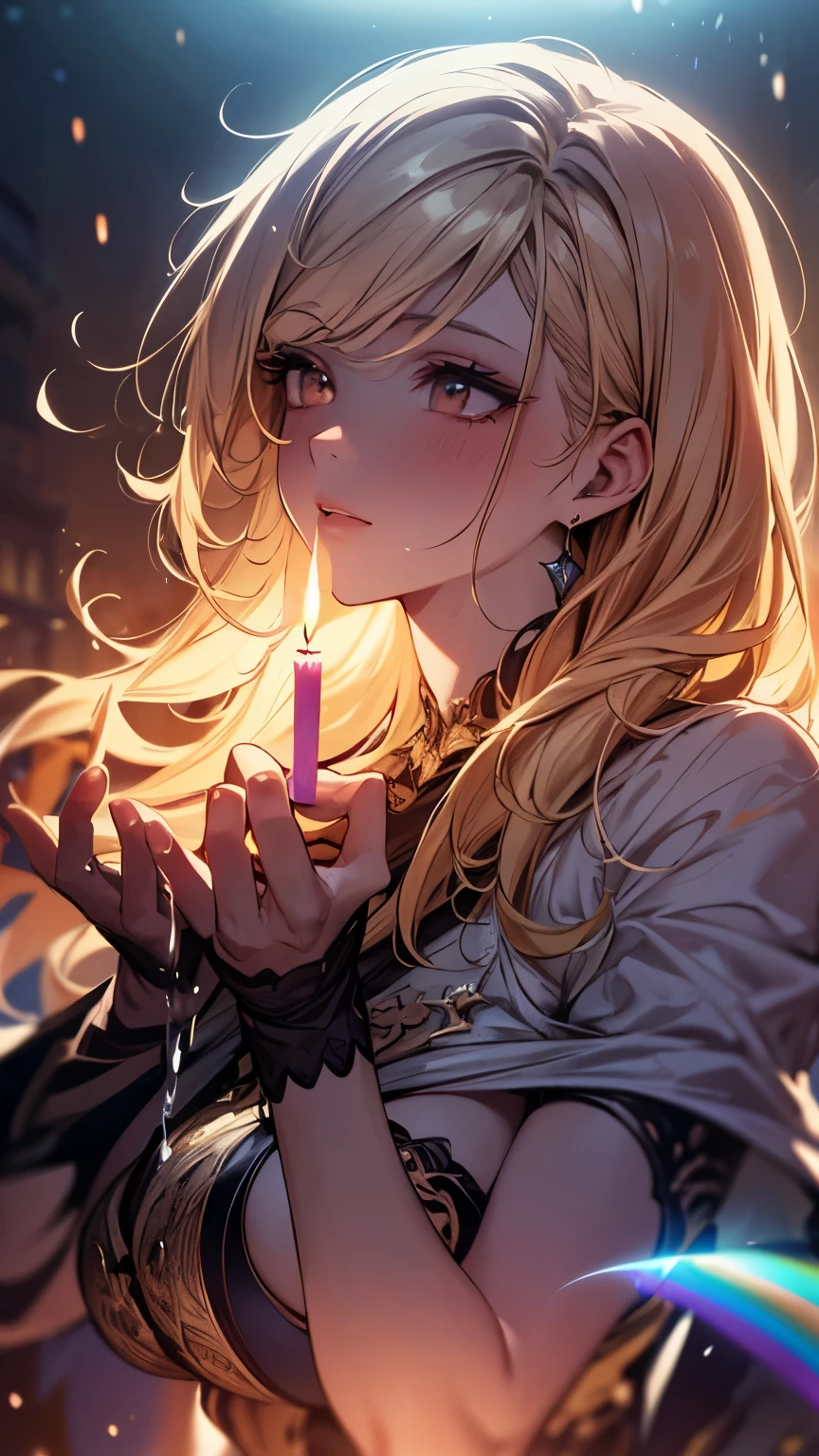 beautiful blonde woman, Candle melts and drips onto body (masterpiece: 1.2), (best quality), 4K, Super detailed, (Dynamic Synthesis: 1.4), Very detailed, Colorful Detailed, (Rainbow Colors: 1.2), (Bright Lights, Mood lighting), dream, magic, (Solitary: 1.2)  