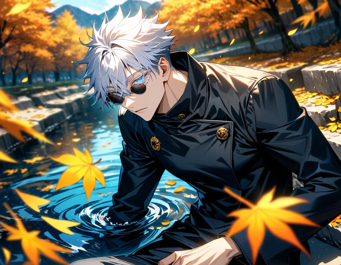 Ultra detailed, highres, absurdres, HDR, Gojo Satoru, white hair short with bangs, hair between the eyes, expressive blue eyes, white eyelashes, black round sunglasses, Jujutsu Kaisen, water, autumn, petals, orange and yellow leaves, sexy man, solo, extremely handsome, very detailed face and eyes, black shirt, black long coat, sitting, toned chest,