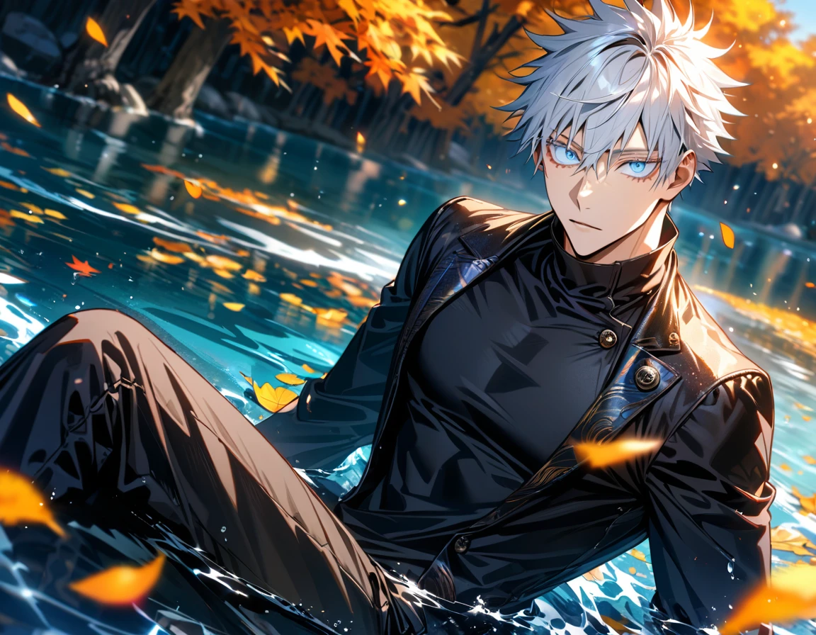 Ultra detailed, highres, absurdres, HDR, Gojo Satoru, white hair short with bangs, hair between the eyes, expressive blue eyes, white eyelashes, black round sunglasses, Jujutsu Kaisen, water, autumn, petals, orange and yellow leaves, sexy man, solo, extremely handsome, very detailed face and eyes, black shirt, black long coat, sitting, toned chest,