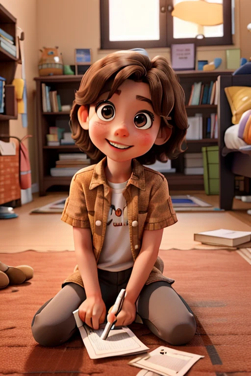 A 3 year old Caucasian girl with short brown hair sitting on the floor, in her room, full of books around her, writing her first words in a piece of paper. She is happy writing