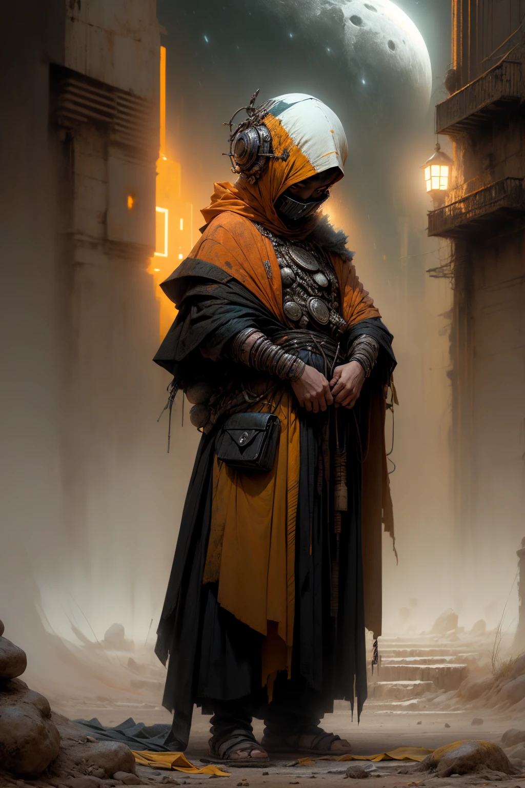 oscuro y desgarrado, 1 joven hermoso cuerpo musculoso, fierce expression, sosteniendo un arma, (colores en su ropa, warm, naranja, amarillo, Violeta:1.3), standing in a desolate wasteland, dramatic lighting, sombras intensas, textura arenosa, tall contrast, Colores vibrantes, dynamic pose, postura poderosa, fondo rugoso, explosive atmosphere, dystopian theme, elementos surrealistas, digitally painted illustration, High definition resolution, detalles intrincados, dramatic composition, avant-garde and chaotic brushstrokes, Gothic style, emociones intensas, epic scale, raw and gritty feeling, Obras de arte cautivadoras y provocativas.., (de noche, oscuridad:1.5)