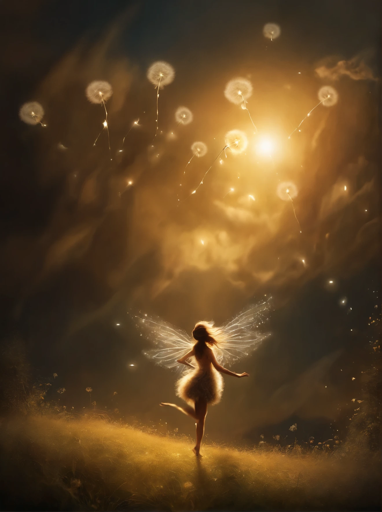 there is a fairy flying over a dandelion with a fairy flying by, an airbrush painting by Cyril Rolando, flickr, fantasy art, fairy dust in the air, pixie dust magic, beautiful depiction, this is beautiful, wow it is beautiful, dreamy art, whimsical art, whimsical!!, glowing dandelion seed storm, beautiful art, beautiful!!, faerie