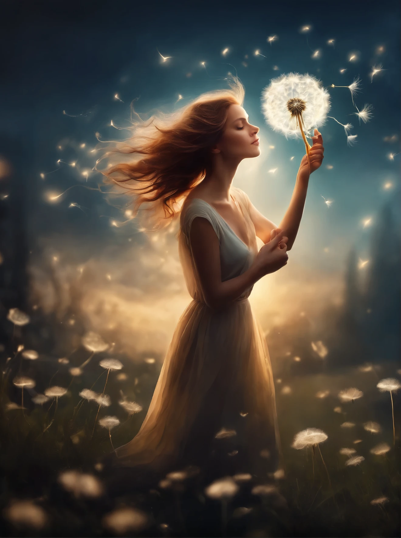 there is a fairy flying over a dandelion with a fairy flying by, an airbrush painting by Cyril Rolando, flickr, fantasy art, fairy dust in the air, pixie dust magic, beautiful depiction, this is beautiful, wow it is beautiful, dreamy art, whimsical art, whimsical!!, glowing dandelion seed storm, beautiful art, beautiful!!, faerie
