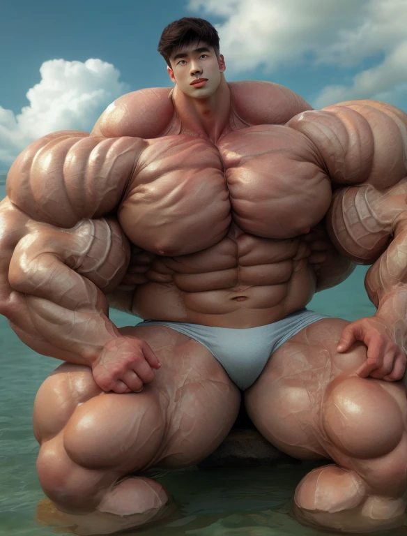 1 asian boy, giant, model shoot style, looking at camera, standing, cool ambience, outdoor, summer season, at the ocean lagoon, cloudy sky, strong body, bulk, large size, seated on the rock, ocean, white triangular underwear, prominent bulge, big, brutalmass, giant, muscular body, bulk, massive body, large meaty body size, brown skin, wet