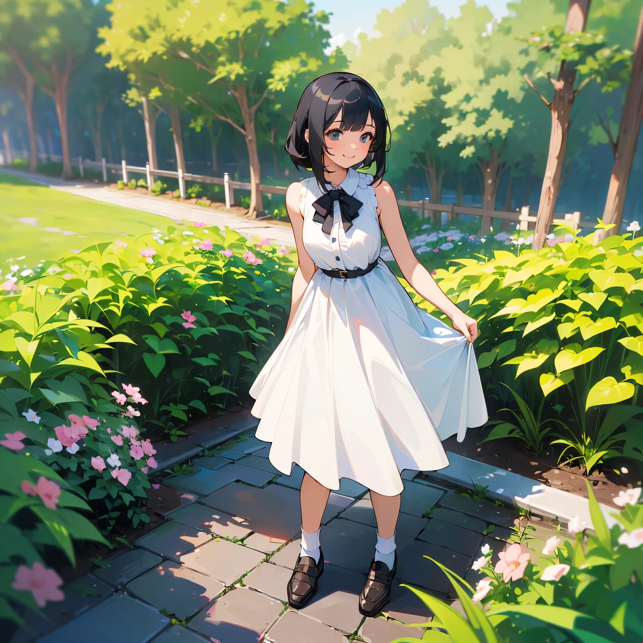 (high quality, High resolution, Very detailed, reality:1.37), Peaceful atmosphere, (Outdoor, garden), Teenage girl standing alone, (my breasts are big.), Beautiful details, Cute Smile, (Black bob hair), White sleeveless dress, socks, loafers.