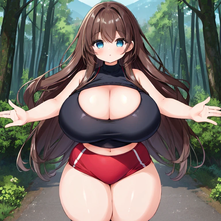 (((Best Quality))), ((Masterpiece)), ((Perfect Anatomy)), ((Perfect Hands)), ((Accurately Weathered Clothing)), ((Best Resolution)), (((Highest Detail))), ((Accurate Clothes)), (Proper Color Usage), (((1girl))), A Very Cute, Attractive, Beautiful Young Girl, ((17 Years-old)), with (Lush, Long Dark-Brown Hair), (Big Beautiful Blue Eyes), (Extremely Overinflated Breasts:1.4), (Extremely Overly Gigantic Breasts:1.4), (Extremely Enormous Thighs:1.5), (Ultra Thick Thighs:1.5), Big Cleavage, Very Athletic and Fit figure, but still Extra Curvy Body. Wearing a ((Red Cropped-Top)), and (Black Gym Shorts). Walking in the woods, with a faint Cityscape in the distance, with a happy expression.