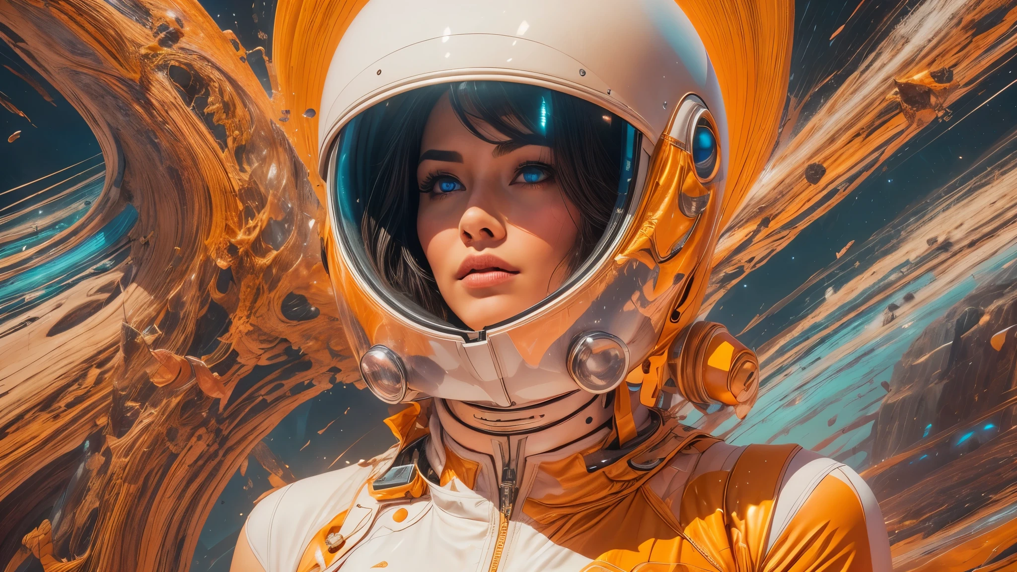 arafed image of a white woman in a futuristic suit with a spaceship in the background, movie art, in front of an orange background, inspired by Robert McGinnis, female protagonist, megastructure in the background, portrait of an ai astronaut, astronauts, an astronaut, portrait of a astronaut skeletor, perfect android girl, detailed eyes, perfectly detailed teeth, frank franzzeta and sakimichan  