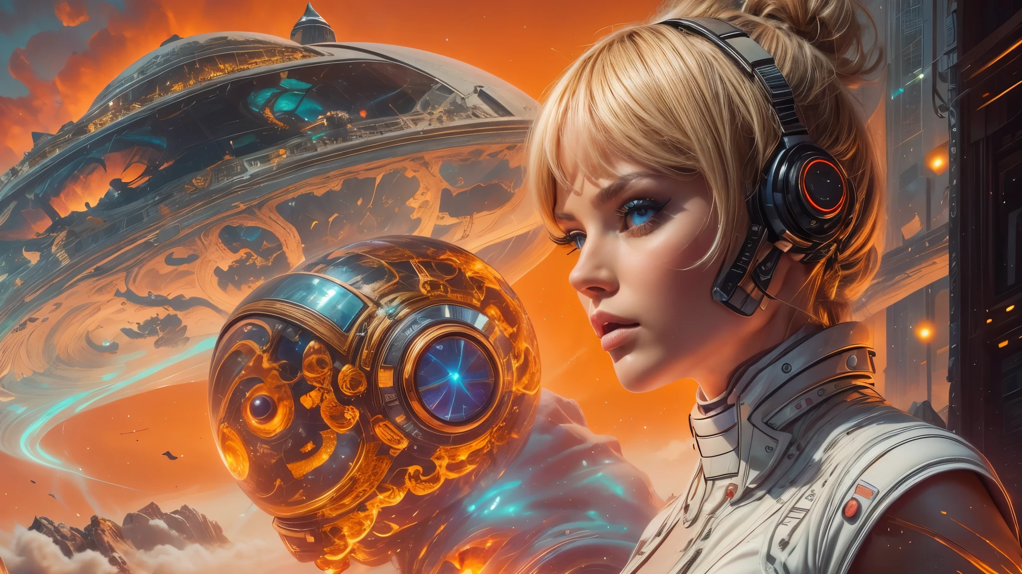 arafed image of a white woman in a futuristic suit with a spaceship in the background, movie art, in front of an orange background, inspired by Robert McGinnis, female protagonist, megastructure in the background, portrait of an ai astronaut, astronauts, an astronaut, portrait of a astronaut skeletor, perfect android girl, detailed eyes, perfectly detailed teeth, frank franzzeta and sakimichan  