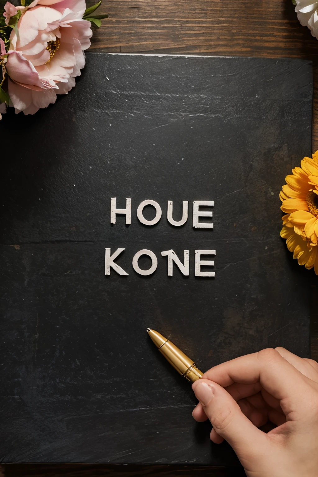 make a hand holding a written note and background with flowers