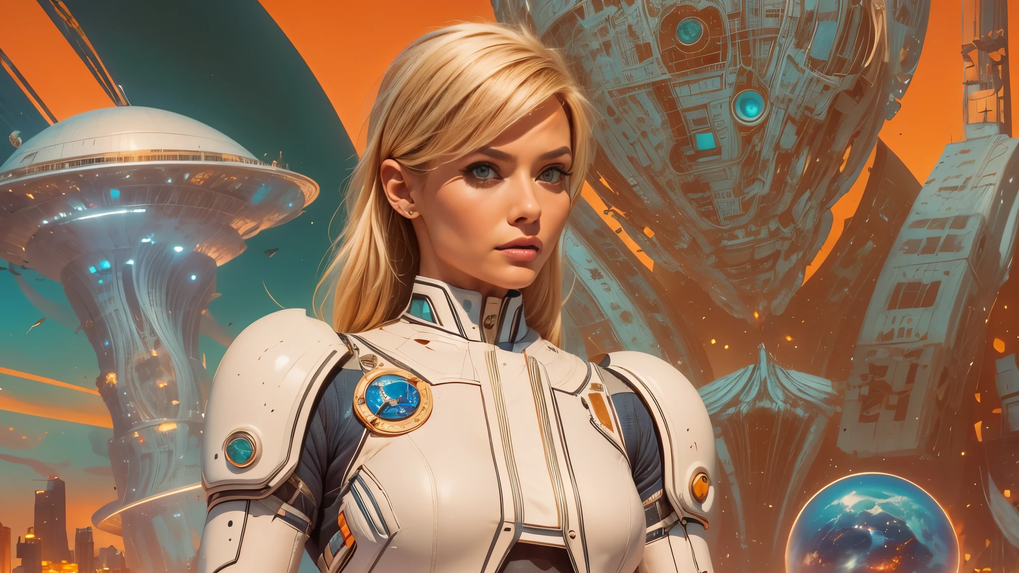 arafed image of a white woman in a futuristic suit with a spaceship in the background, movie art, in front of an orange background, inspired by Robert McGinnis, female protagonist, megastructure in the background, portrait of an ai astronaut, astronauts, an astronaut, portrait of a astronaut skeletor, perfect android girl, detailed eyes, perfectly detailed teeth, frank franzzeta and sakimichan  