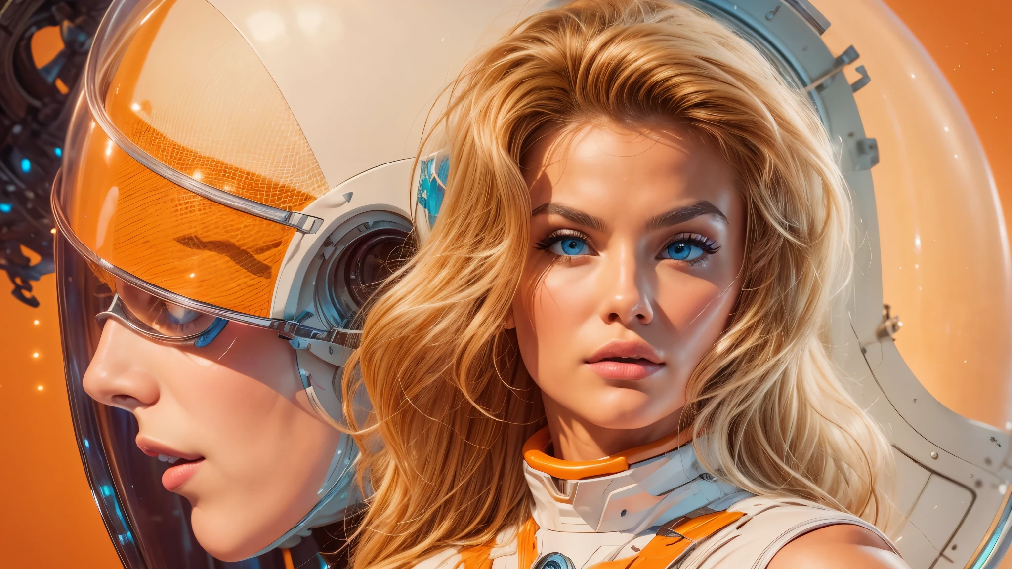 arafed image of a white woman in a futuristic suit with a spaceship in the background, movie art, in front of an orange background, inspired by Robert McGinnis, female protagonist, megastructure in the background, portrait of an ai astronaut, astronauts, an astronaut, portrait of a astronaut skeletor, perfect android girl, detailed eyes, perfectly detailed teeth, frank franzzeta and sakimichan