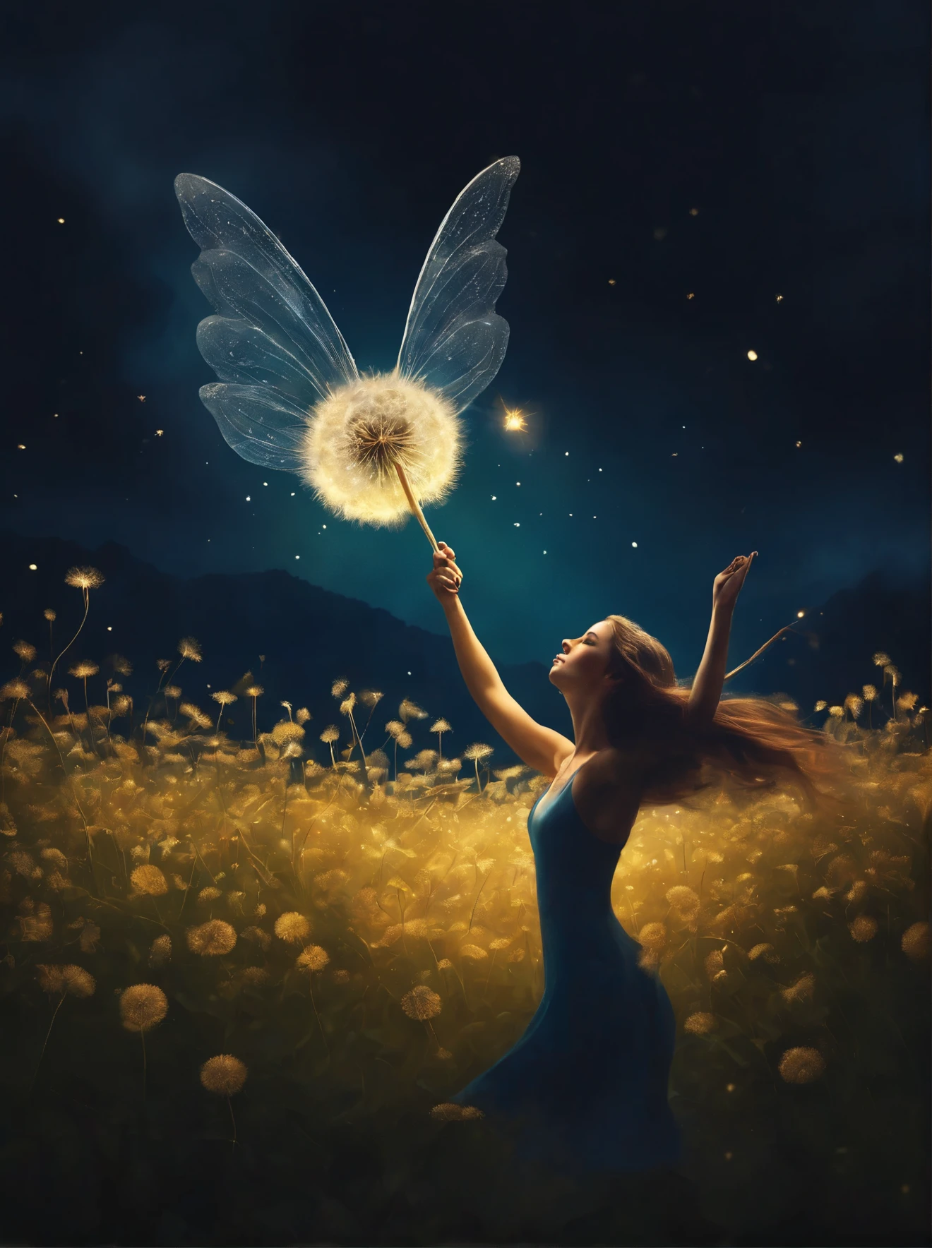 there is a fairy flying over a dandelion with a fairy flying by, an airbrush painting by Cyril Rolando, flickr, fantasy art, fairy dust in the air, pixie dust magic, beautiful depiction, this is beautiful, wow it is beautiful, dreamy art, whimsical art, whimsical!!, glowing dandelion seed storm, beautiful art, beautiful!!, faerie