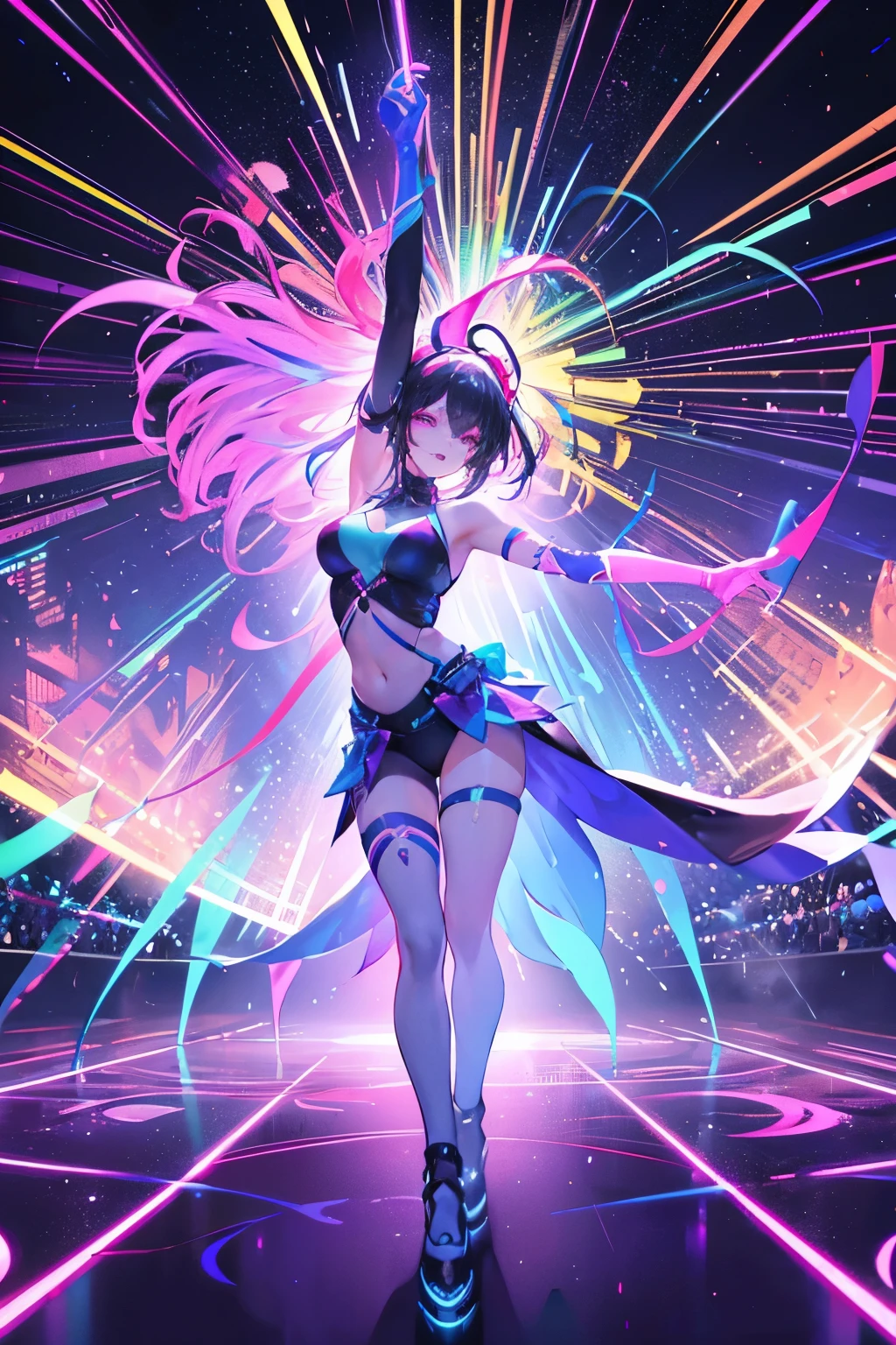 (dancing with glow sticks),(best quality,4k,8k,highres,masterpiece:1.2),ultra-detailed,(realistic,photorealistic,photo-realistic:1.37),vibrant colors,energetic lights,neon light trails,
mesmerizing moves,upbeat atmosphere,techno music,party scene,outdoor setting,nighttime extravaganza,enthusiastic crowd,movement and rhythm,unforgettable experience,electrifying energy,glowing effects,pulsating beats,euphoric vibe,strobe lights,exciting choreography,ecstatic joy,twirling+glowsticks,uninhibited dance moves,glowing costumes,lively enthusiasm,dynamic movements,colorful light patterns,immersive performance,fireworks in the background,blurred motion,fluid dance routines,celebratory mood,positive energy,invigorating experience,laser lights,trance music,happy expressions,unending excitement,glowing atmosphere.