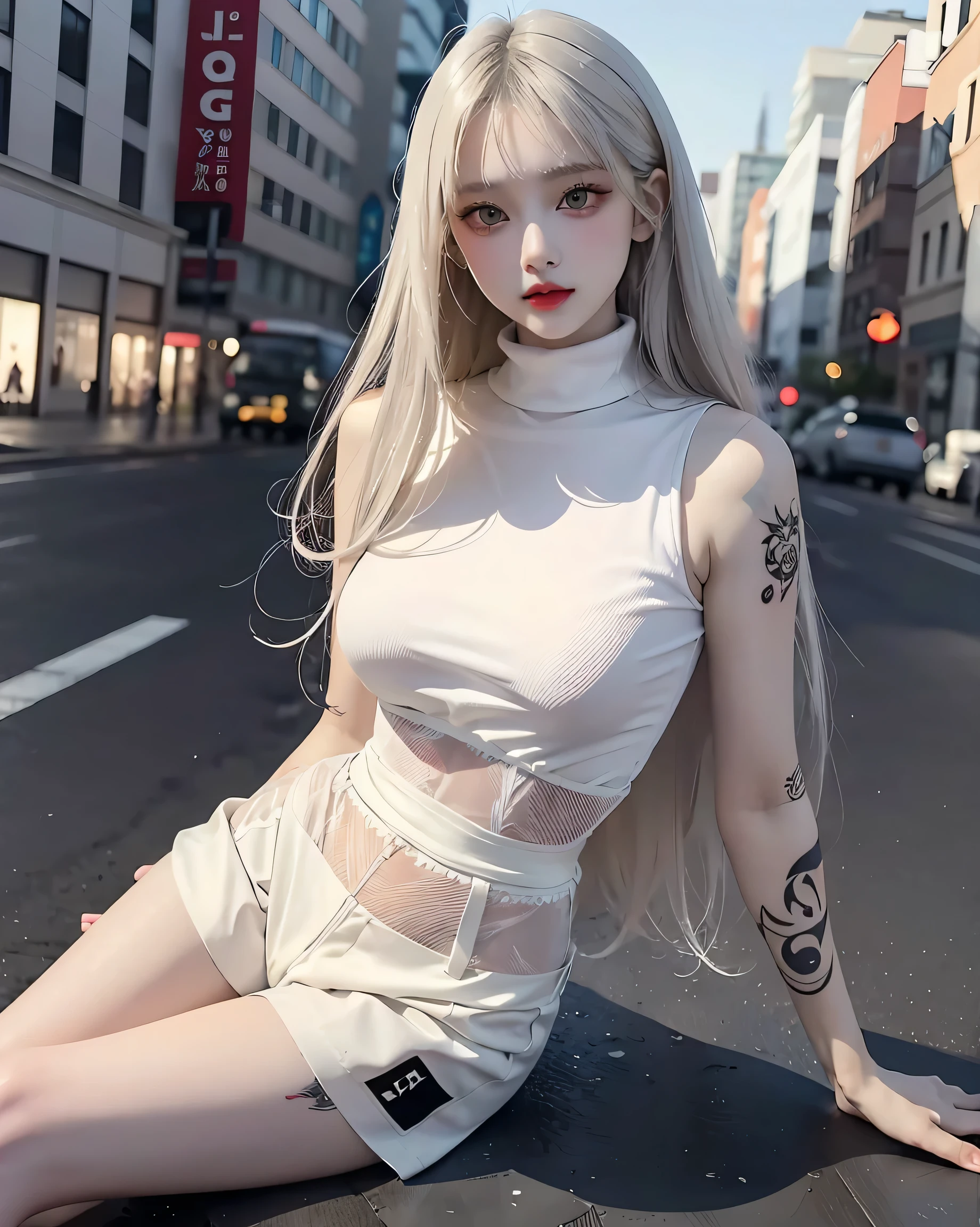 Beautiful female college student in the city,masterpiece,light makeup,Red Lip,Silver Hair,Disheveled long hair,Street Background,Grace,grace。Ultra-fine detailasterpieces,Authentic texture,Realism in film lighting,Perfect piece,8k,KHD,Delicate facial features,White skinny turtleneck top,white skinny shorts,Slim figure,Big bright eyes,Smooth skin,ear discharge,Choker Necklace,(((He has many tattoos all over his body)), (((Tight waist))), ((Big Breasts)),(See-through),panties