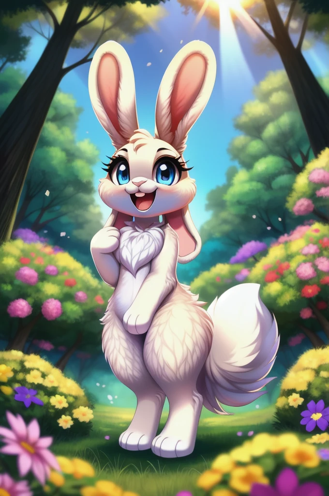 zoomed out image, fantasy style art, cute, adorable, little fluffy female white bunny with blue eyes, 2 extra ears, 4 ears, big floppy ears, long ears, ears perked up, raised ears, long eyelashes, poofy rabbit tail, smiling, standing on two hind feet, standing in a forest, big expressive smile, open mouth, wide eyes, excited eyes, excited face, stunning visuals, sunlight coming through the trees, colorful flowers scattered in the bushes, digital illustration