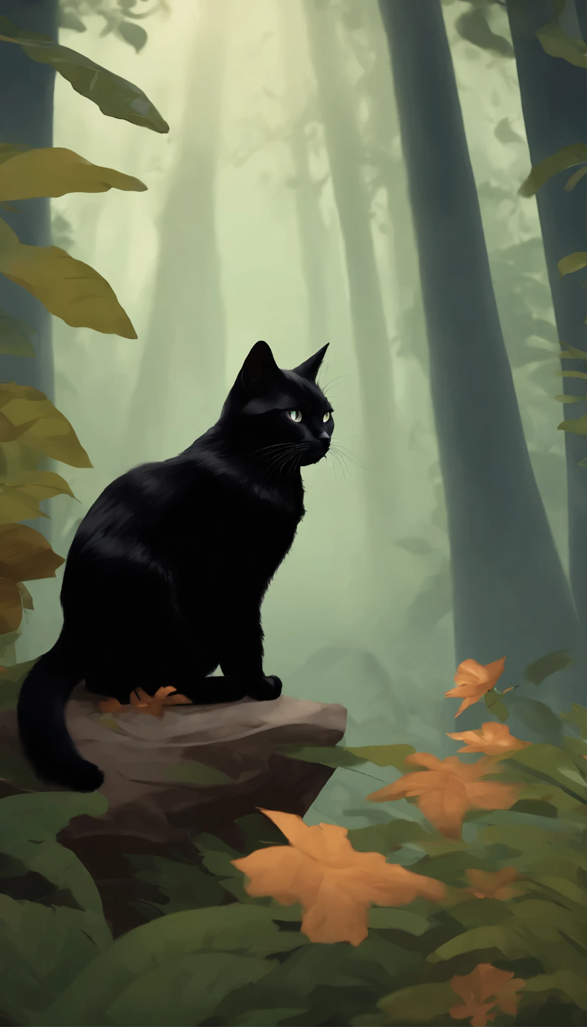 there is a black cat that is sitting in the bushes, a digital painting by André Beauneveu, trending on cgsociety, conceptual art, cat in the forest, beautiful illustration, jen bartel, 🌺 cgsociety, amongst foliage, beautiful digital illustration, moody :: studio ghibli, dreamy illustration, #illustration, black cat, ✨🕌🌙