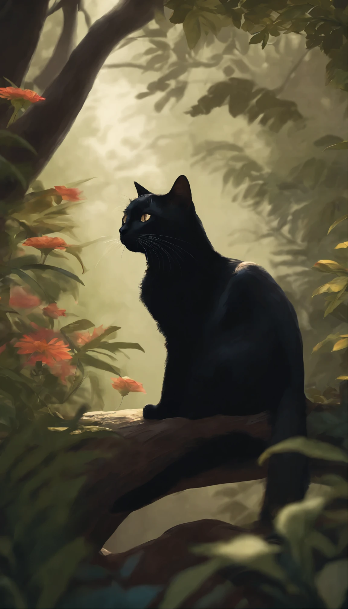 there is a black cat that is sitting in the bushes, a digital painting by André Beauneveu, trending on cgsociety, conceptual art, cat in the forest, beautiful illustration, jen bartel, 🌺 cgsociety, amongst foliage, beautiful digital illustration, moody :: studio ghibli, dreamy illustration, #illustration, black cat, ✨🕌🌙